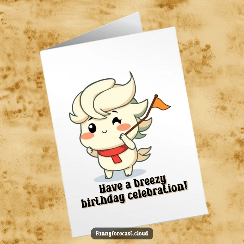 Funny Free Printable Birthday Card: A wind character with puffed cheeks merrily blows a tiny flag, adding a festive breeze to the message.