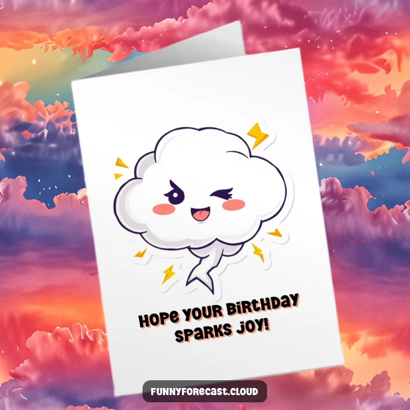Funny free printable birthday card showing a cute, winking thundercloud with playful lightning bolts, perfect for a shocking celebration.