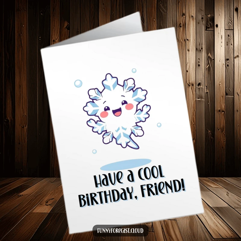 Funny Free Printable Birthday Card: a kawaii snowflake doing a happy dance, spinning joyfully in the air, celebrating with frosty fun.