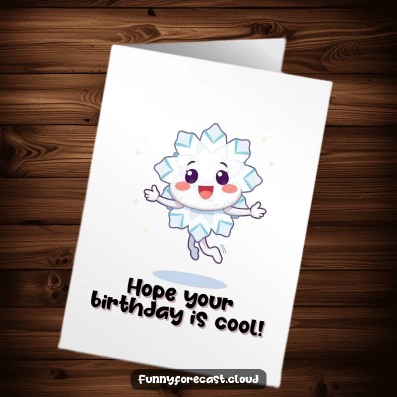 Funny free printable birthday card featuring a happy snowflake character twirling joyfully, leaving a trail of sparkles, ideal for a cool celebration.