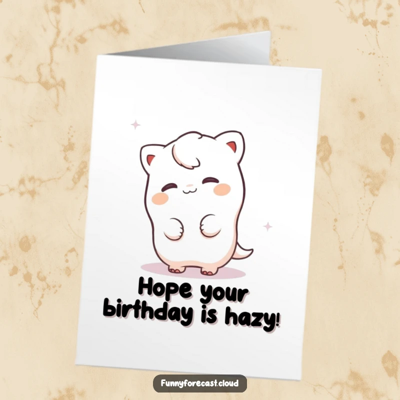 Funny Free Printable Birthday Card: A cute fog character playfully peeking from behind a swirl of mist.