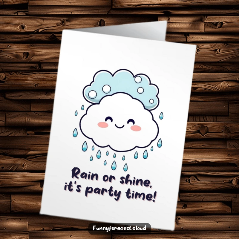 Funny Free Printable Birthday Card: A smiling cloud happily watches dancing raindrops, creating a cheerful and lively birthday scene.