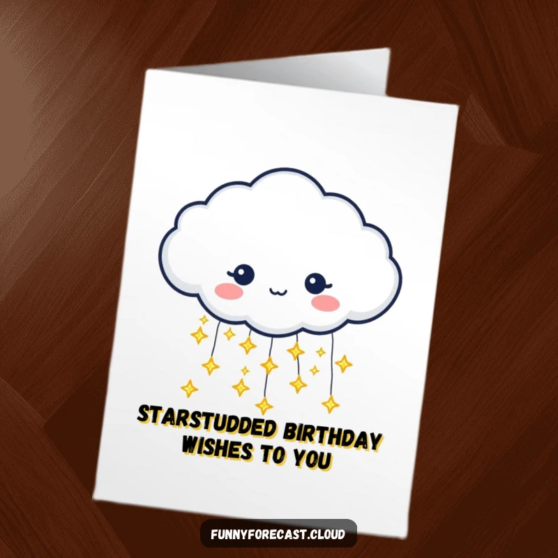 Funny Free Printable Birthday Card: A cloud character pouring tiny glittering stars, magical birthday celebration.