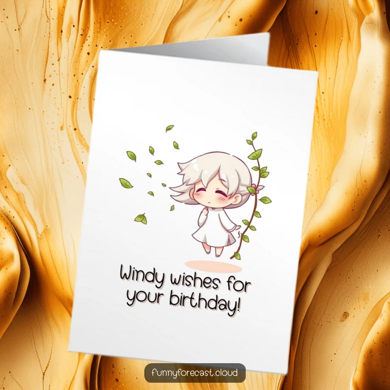 Funny Free Printable Birthday Card: A joyful wind character giggling while blowing colorful autumn leaves.