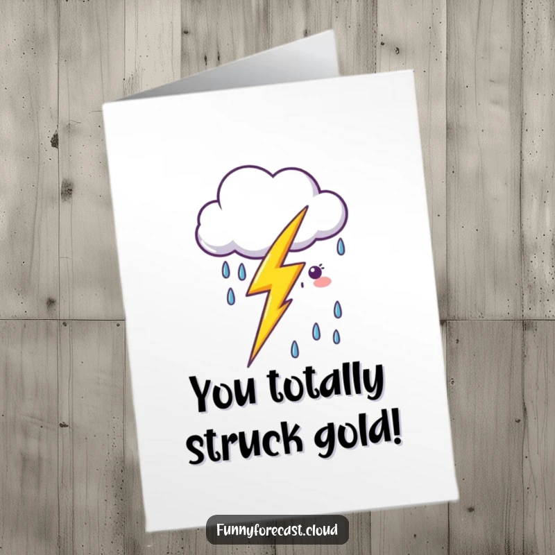 Funny Free Printable Congratulations Card: kawaii lightning bolt zapping near a happy rain cloud, celebrating achievements with a zap.