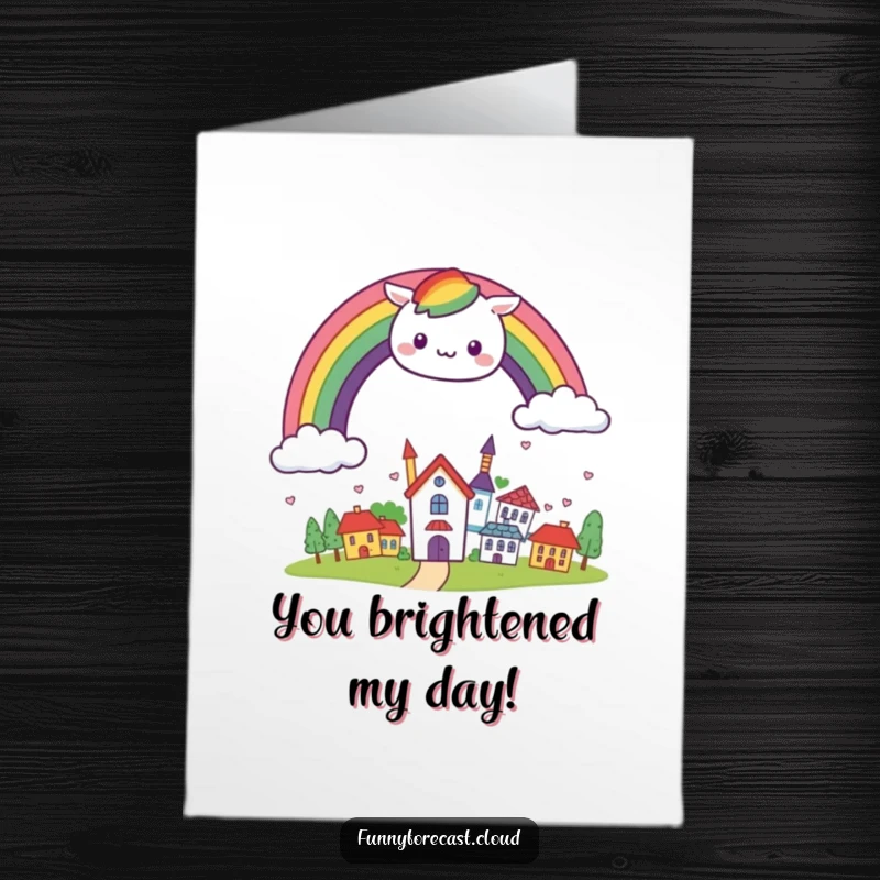 Funny Free Printable Congratulations Card: a kawaii rainbow charcter happily arching over a smiling town, celebrating achievements with color.