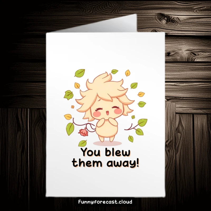 Funny Free Printable Congratulations Card: A cheerful wind character joyfully blowing leaves, symbolizing celebration and good fortune, great for any achievement.