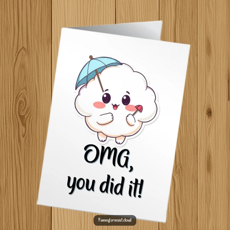 Funny Free Printable Congratulations Card showing a surprised chubby cloud clutching a small umbrella, perfect for unexpected good news.