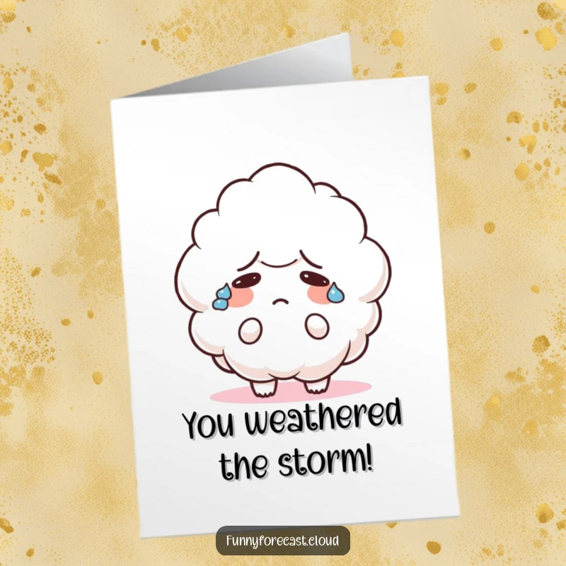 Funny Free Printable Congratulations Card: A cute cloud sweats heavily, looking confused while trying to congratulate someone.