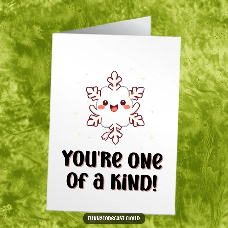 Funny Free Printable Congrats Card: Adorable kawaii snowflake character joyfully spinning and twirling as it descends.