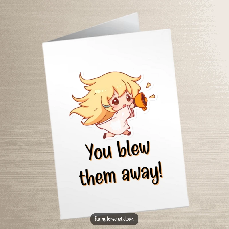 Funny Free Printable Congratulations Card: A wind character powerfully blowing another character away with gusto.