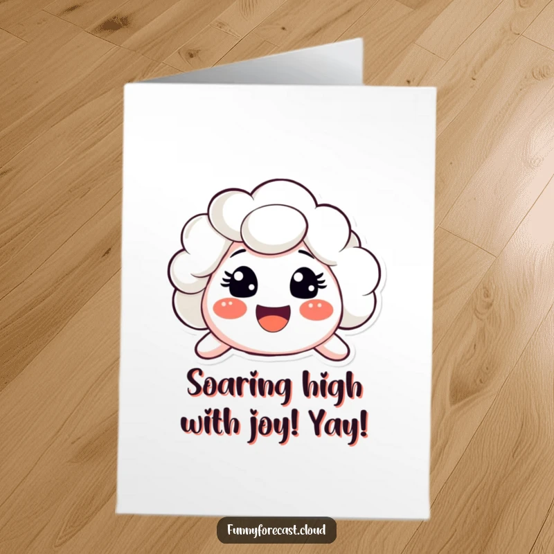 Funny Free Printable Congrats Card: A cloud character beaming with a massive, surprised, happy smile, celebrating success.