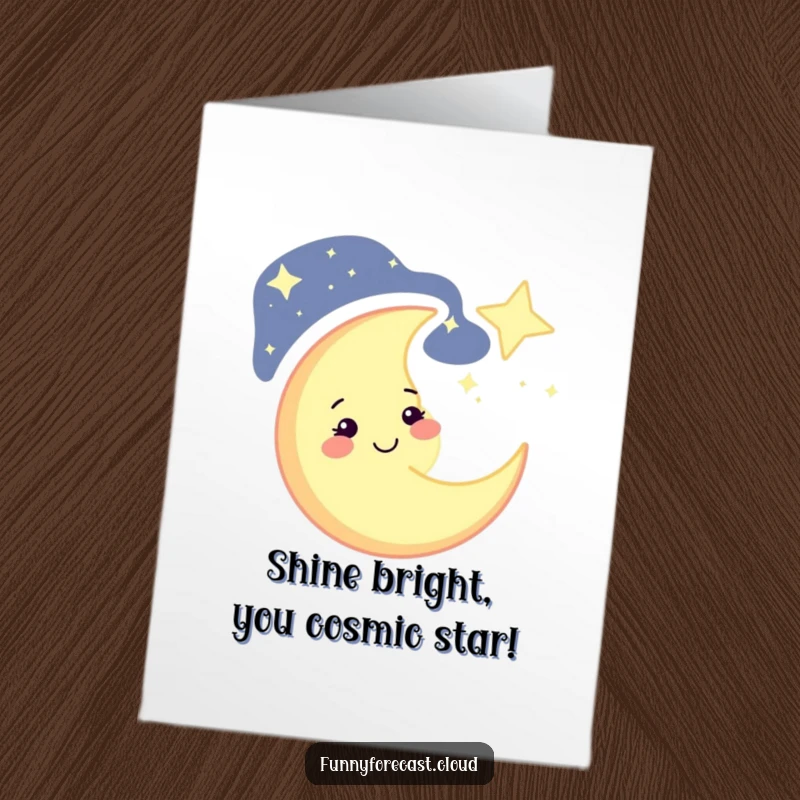 Funny Free Printable Congratulations Card: A cheerful crescent moon winks slyly amidst a starry sky, celebrating a big win.