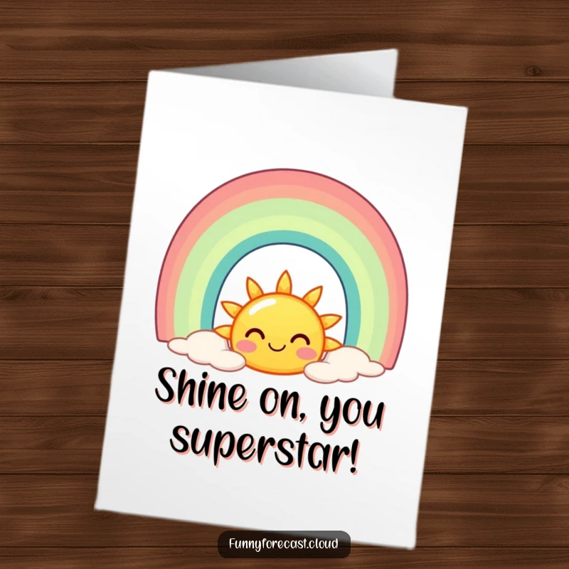 Funny Free Printable Congratulations Card with a cheerful sun peeking from behind a bright rainbow, symbolizing success.