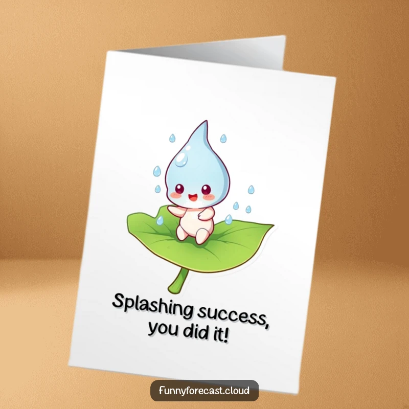 Funny Free Printable Congratulations Card: A happy raindrop character energetically bouncing on a leaf, symbolizing new beginnings and success.