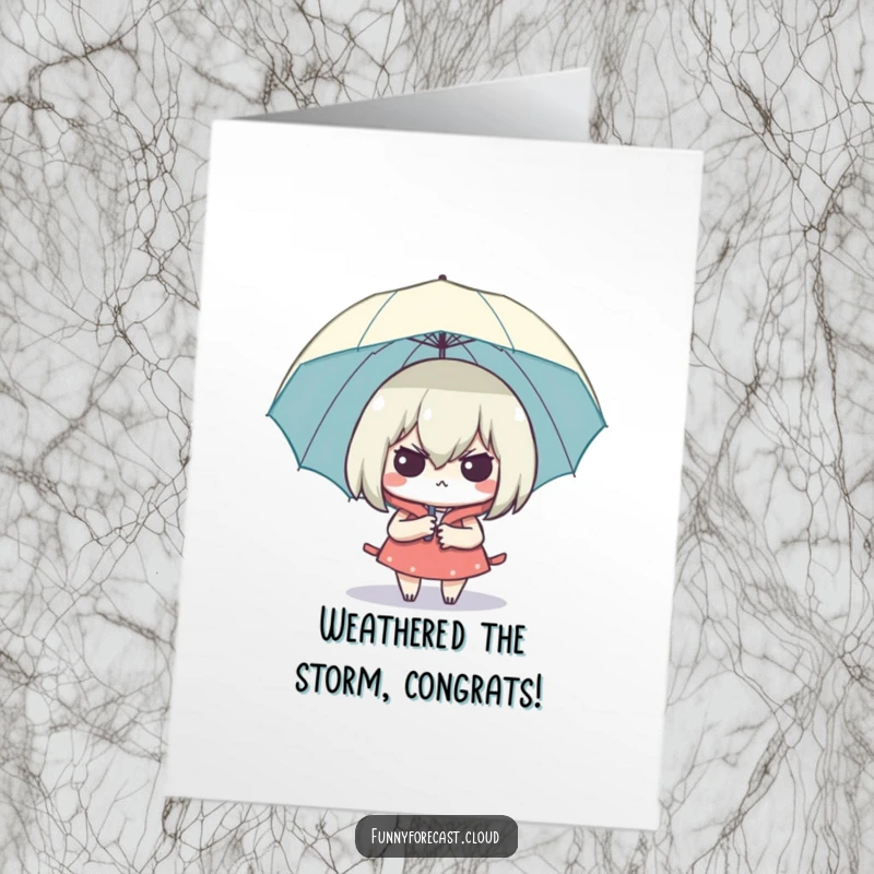 Funny Free Printable Congratulations Card: A character with an umbrella looks surprisingly dry and smug.