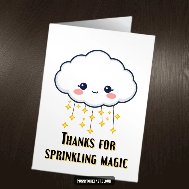 Funny Free Printable Thank You Card: A cloud character pouring tiny glittering stars, a magical way to say thanks.