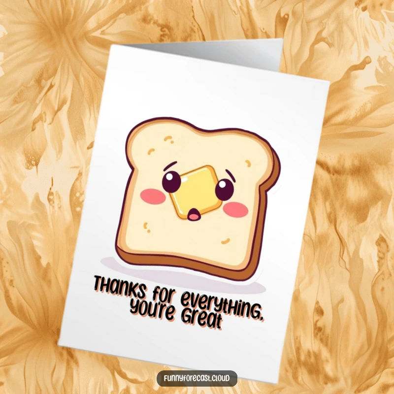 Funny Free Printable Thank You Card: A sentient toast piece watches in surprise as its butter topping makes a slippery escape.