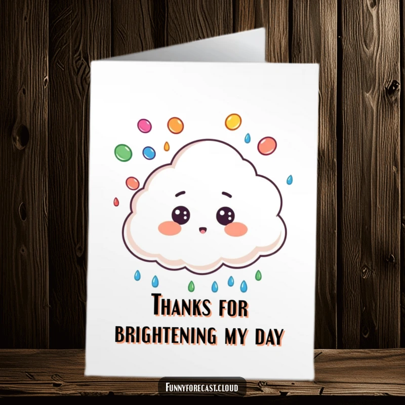 Funny Free Printable Thank You Card: Cute cloud character with a surprised face juggles colorful raindrops, unique thanks.
