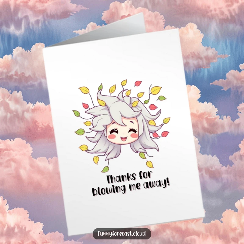 Funny free printable thank you card featuring a cheerful wind character scattering playful leaves, a unique way to say thanks.