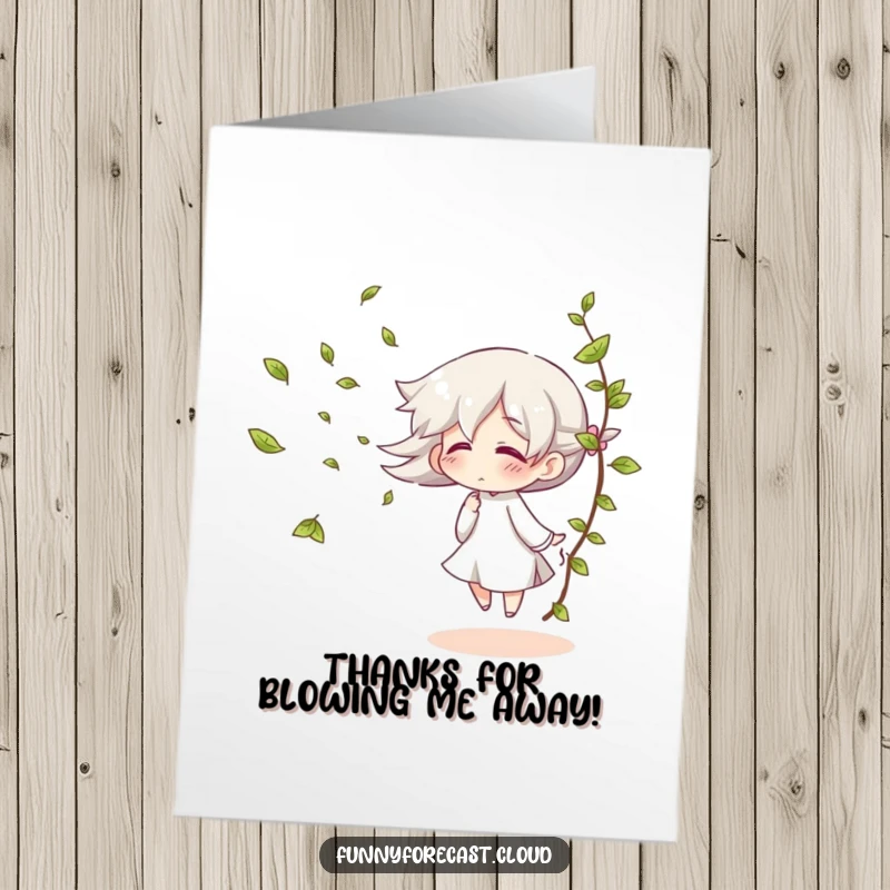 Funny Free Printable Thank You Card: A playful wind character giggling as it blows a shower of leaves.