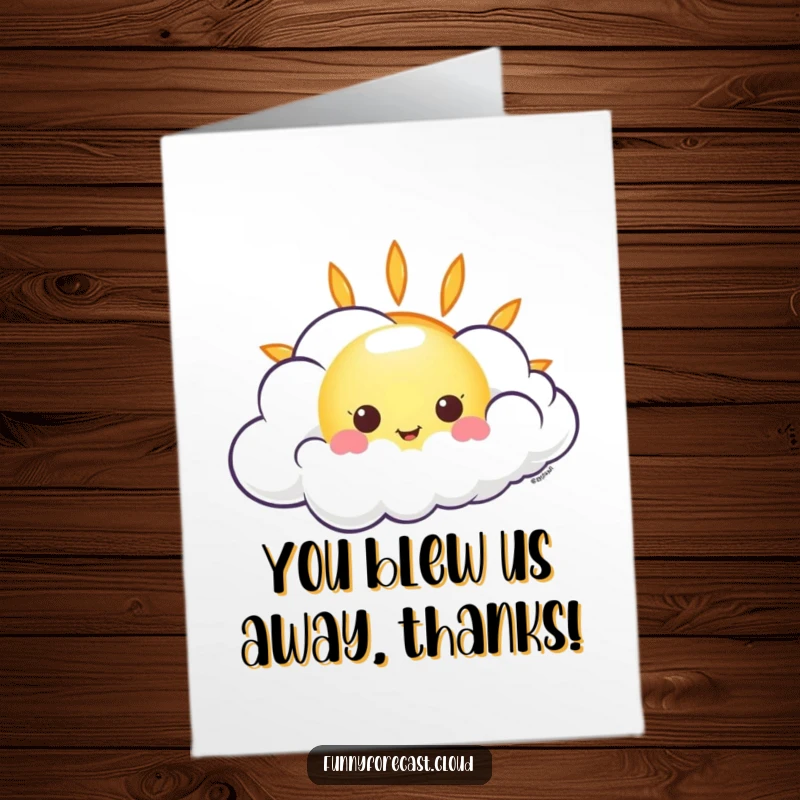 Funny Free Printable Thank You Card: A sweet kawaii sun emerges from behind a swirling, giggling wind cloud, offering thanks.