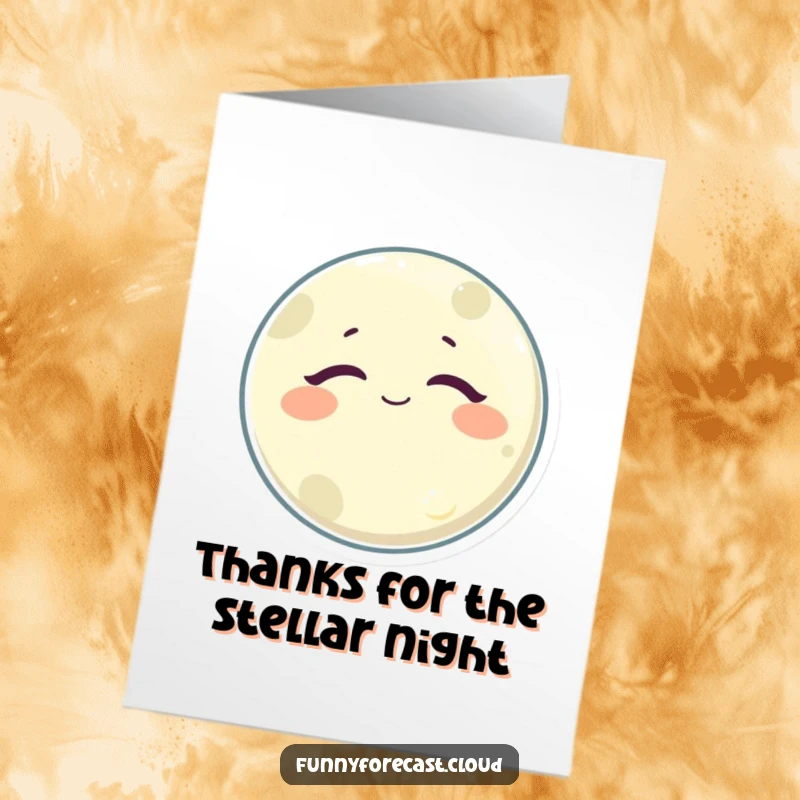 Funny Free Printable Thank You Card: A sleepy, satisfied moon character expressing thanks, a perfect downloadable gift.