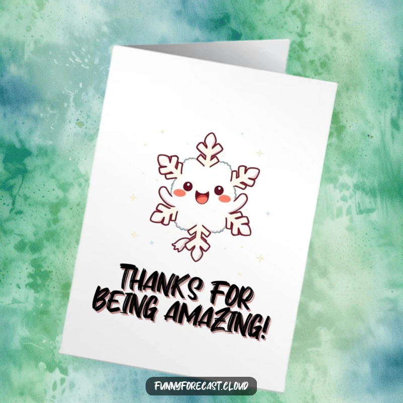 Funny Free Printable Thank You Card: Cute kawaii snowflake character twirling happily as it falls, conveying warm thanks.