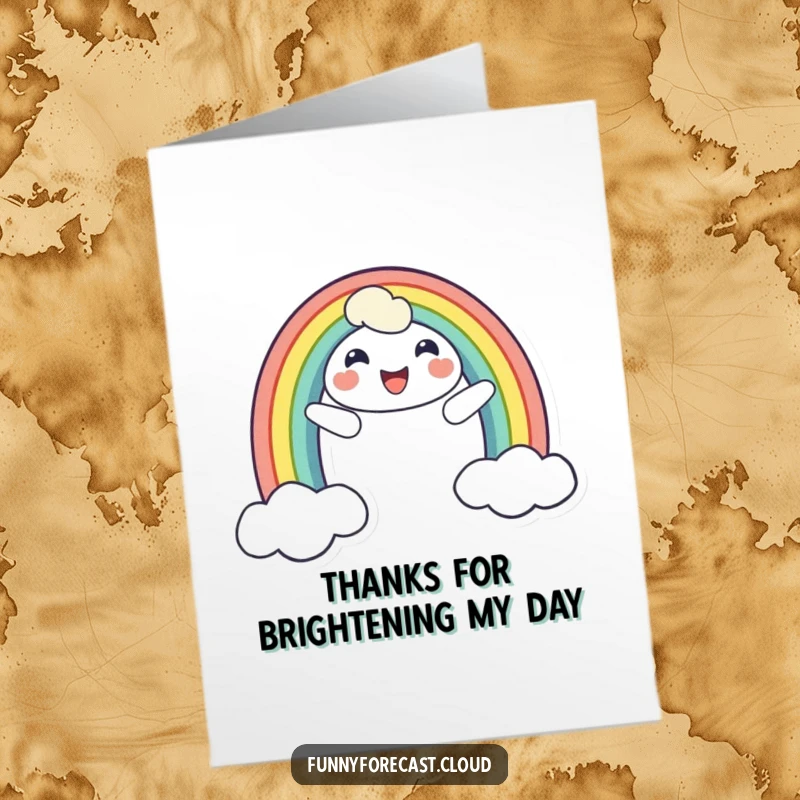 Funny Free Printable Thank You Card: A cheerful rainbow character smiling, arching across the sky to deliver thanks with colorful joy.