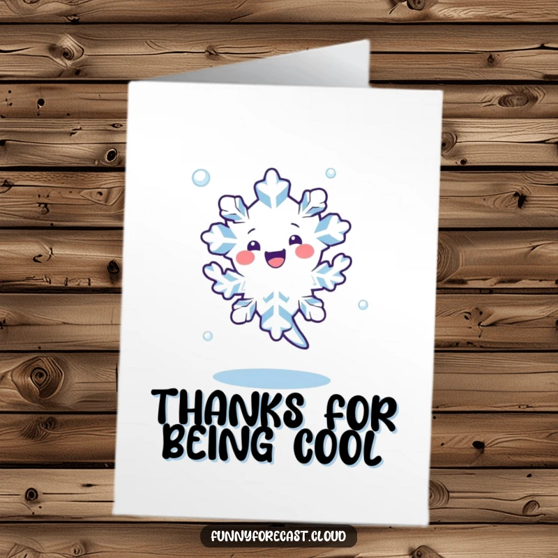Funny Free Printable Thank You Card: a kawaii snowflake character happily dancing and spinning, conveying thanks with frosty cheer.