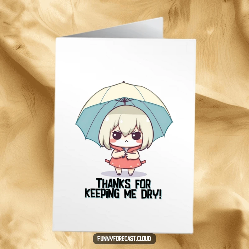 Funny Free Printable Thank You Card of a character with an umbrella, looking smug and dry.