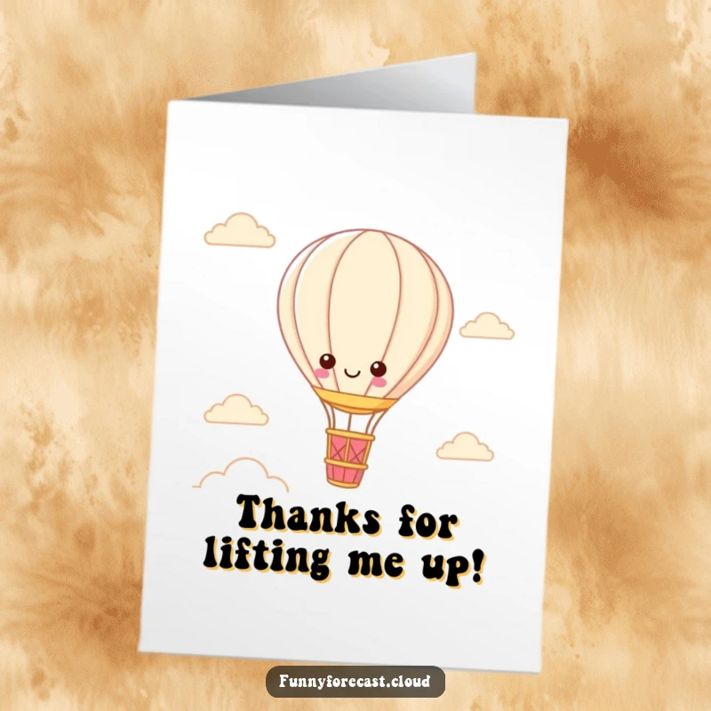 Funny Free Printable Thank You Card: Sweet kawaii hot air balloon character drifting serenely across a cheerful, sunlit sky.