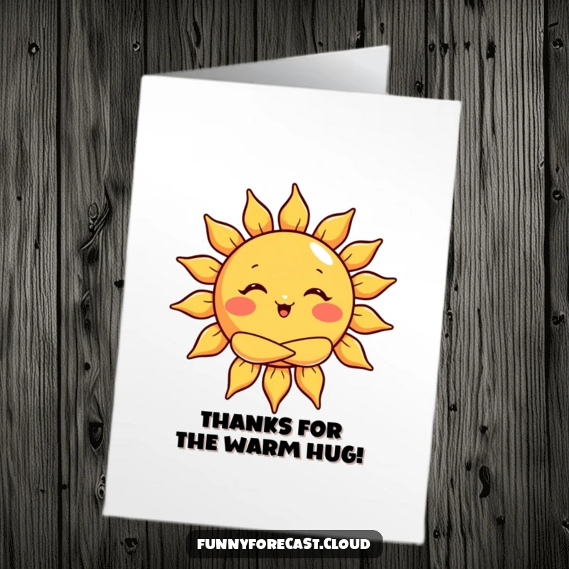 Funny Free Printable Thank You Card: A radiant sun character offering a comforting hug with joyful rays.
