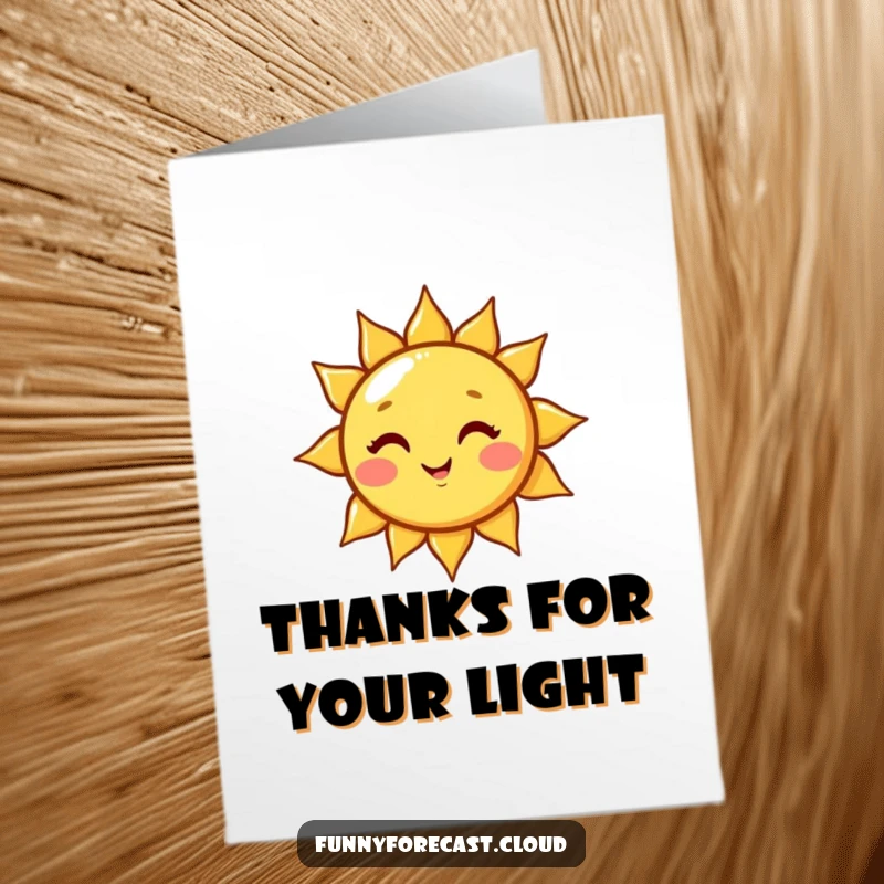 Funny Free Printable Thank You Card featuring a cute kawaii sun character winking mischievously and shining a light to express thanks.