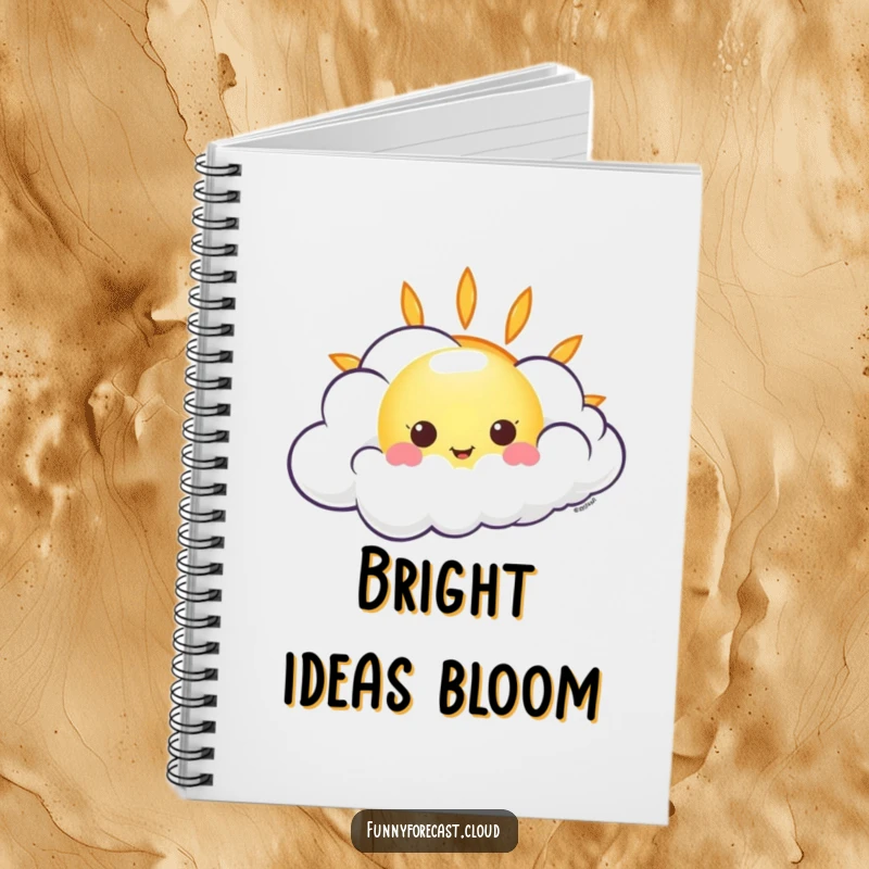 Funny kawaii sun peeking out from behind a giggling wind cloud, ready to inspire notes in a notebook.