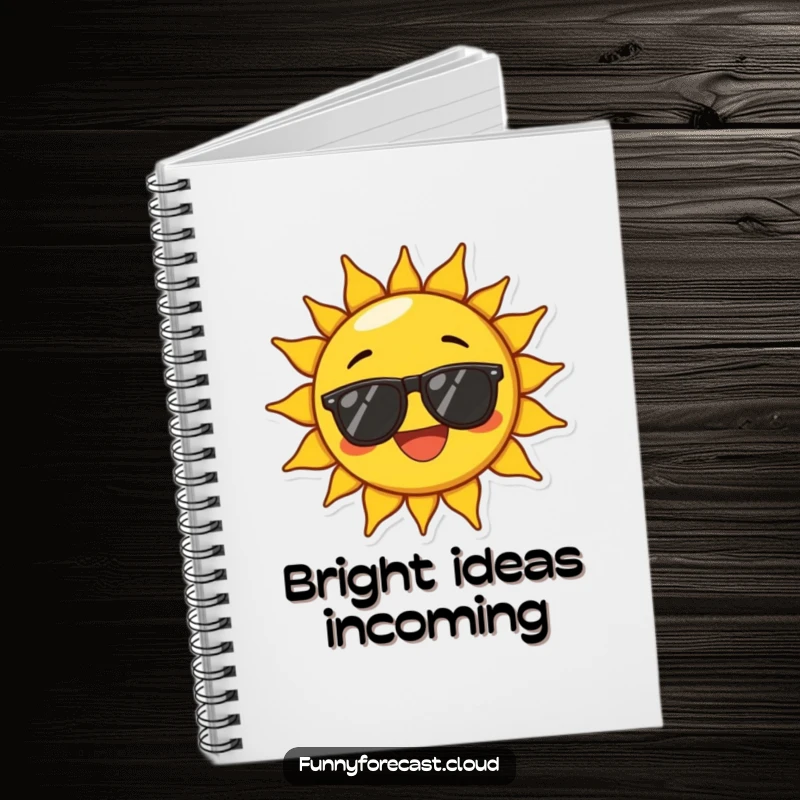Funny notebook with a sun character wearing sunglasses and beaming with exaggerated joy, perfect for capturing bright ideas and happy thoughts.