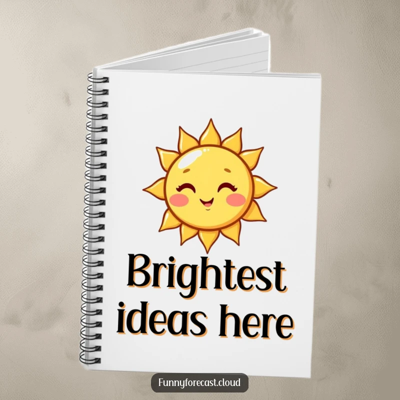 Funny cute kawaii sun character winking, emitting a beam of light. A humorous notebook for jotting down bright ideas.