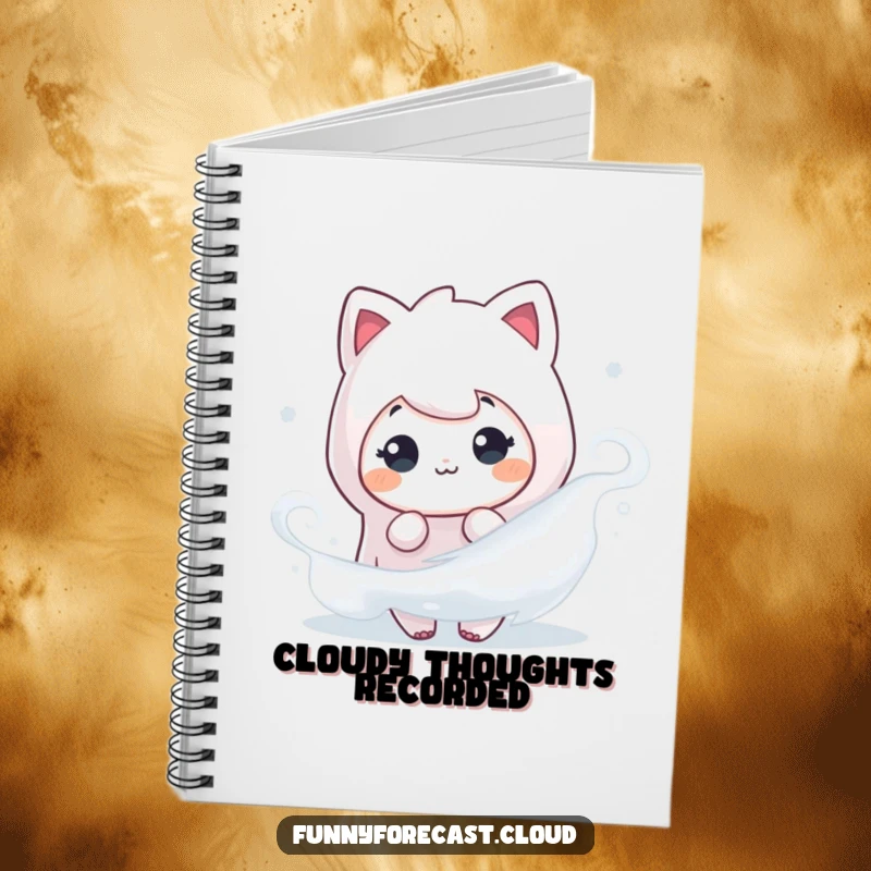Funny notebook with a playful fog character peeking from mist, ideal for capturing creative thoughts.