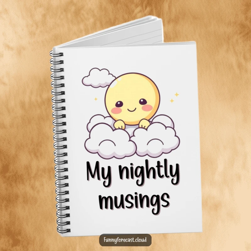 Funny Notebook: A happy moon character peeking from behind fluffy clouds, perfect for jotting down dreams.