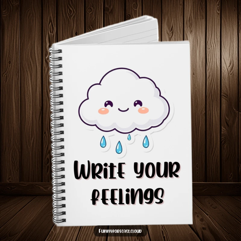 Funny small fluffy kawaii cloud shedding happy tears of rain on this notebook, a thoughtful funny gift.