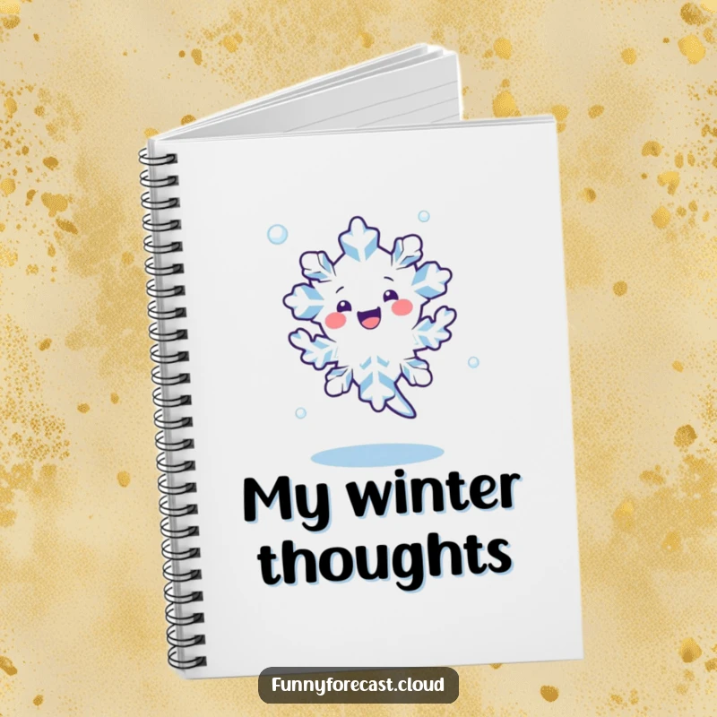 Funny kawaii snowflake character performing a happy dance, spinning in the air on a notebook for creative ideas.