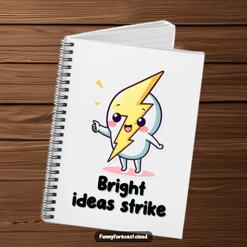 Funny cute lightning bolt character striking a whimsical zig-zag on a notebook, for jotting down energetic ideas.