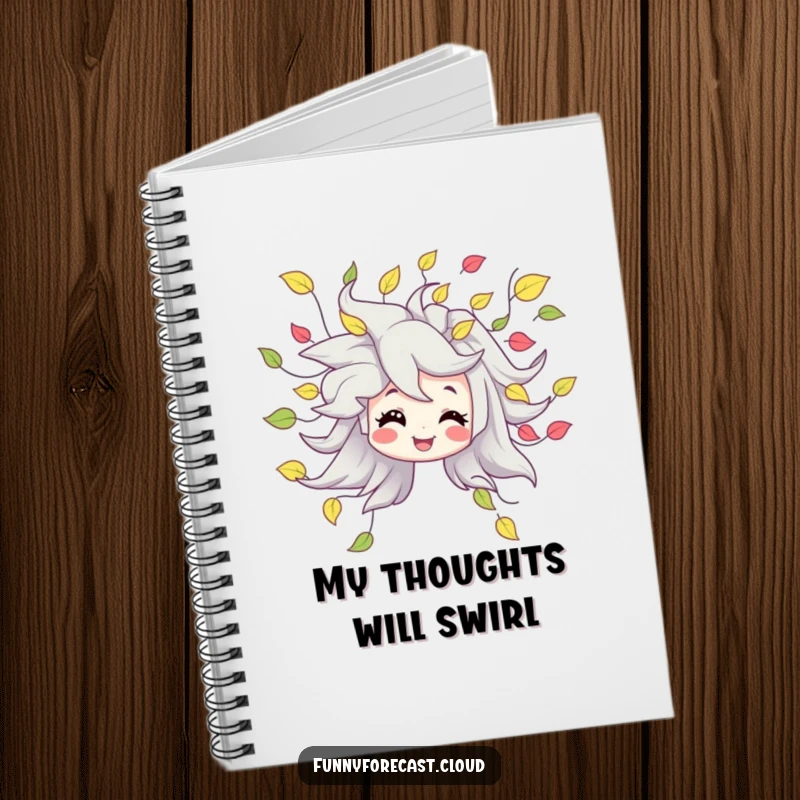 Funny notebook with a smiling wind character blowing a gentle swirl of leaves, perfect for notes and sketches.