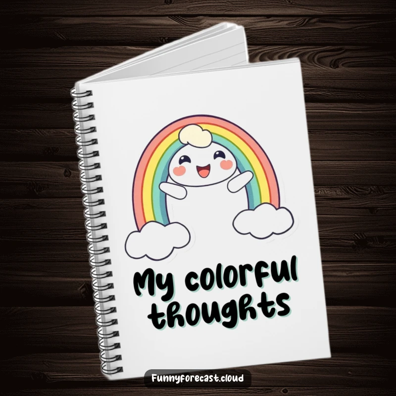 Funny notebook with a cheerful smiling rainbow character on the cover, perfect for jotting down notes with a dose of bright humor.