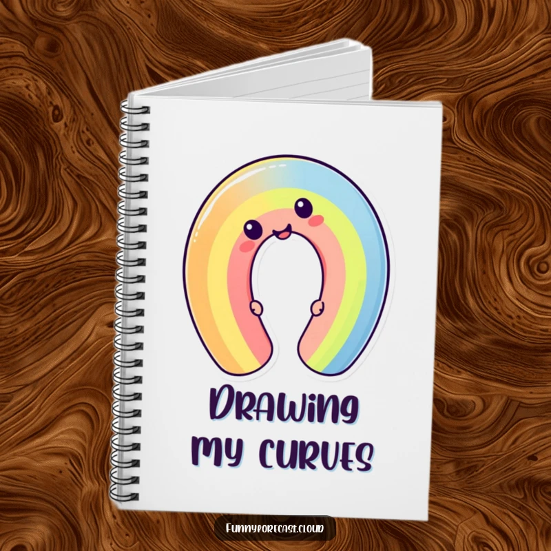 Funny cheerful kawaii rainbow character bending into a silly shape. A humorous notebook for jotting down creative ideas.