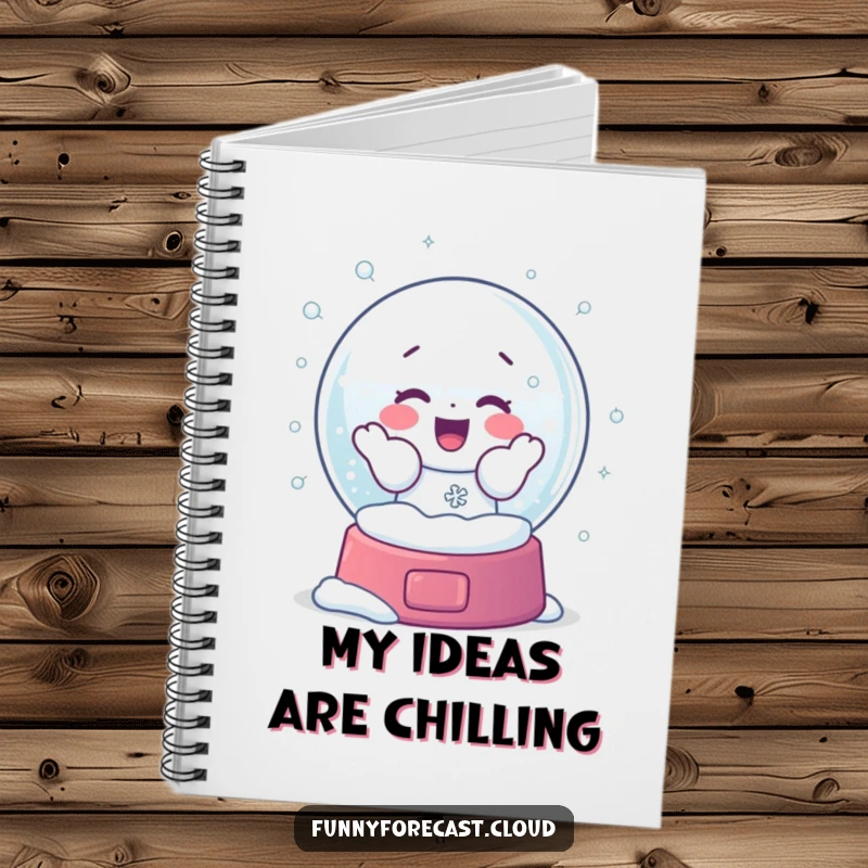 Funny notebook with a snow globe character gleefully shaking, creating a swirl of snowflakes, perfect for jotting down snowy ideas.