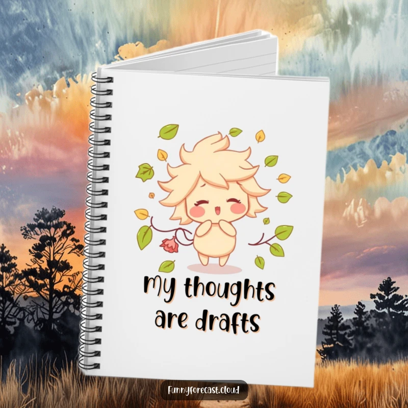 Funny notebook with a charming wind character, red rosy cheeks, playfully blowing a gust of autumn leaves across the cover.