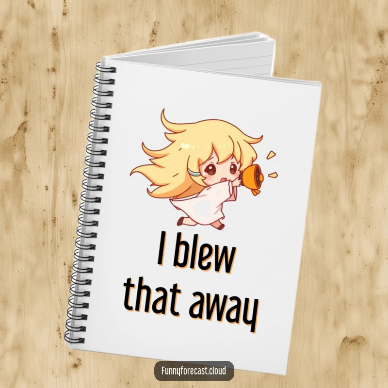 Funny Wind Gust Notebook featuring a character being blown away by wind, ideal for jotting down notes and creative ideas.