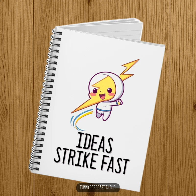 Funny notebook featuring a playful lightning bolt character zipping, ideal for capturing fast ideas and energetic thoughts.