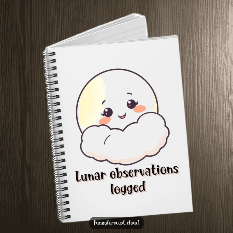 Funny moon character peeking from behind a cloud, smiling serenely, an inspiring and humorous notebook cover.